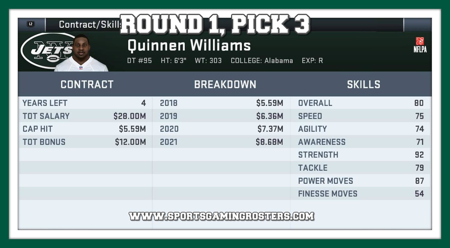 2019 NFL Draft – Round 1, Pick 3 – DT Quinnen Williams, NYJ
